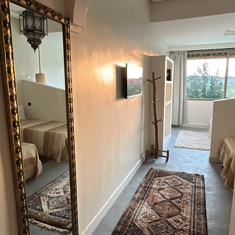 Interior with hand-carved mirror and Berber rug